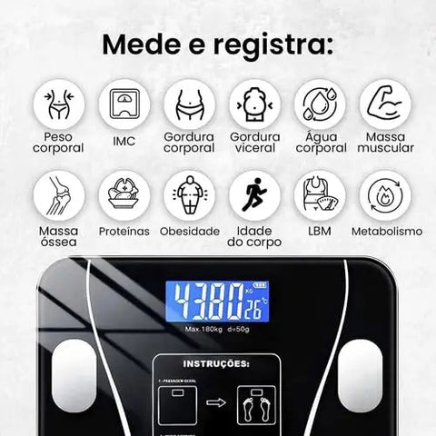 Balança digital de bioimpedância com app - mede peso, gordura corporal, IMC e muito mais