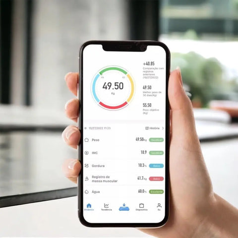 Balança digital de bioimpedância com app - mede peso, gordura corporal, IMC e muito mais