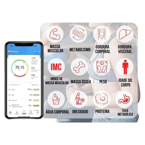 Balança digital de bioimpedância com app - mede peso, gordura corporal, IMC e muito mais