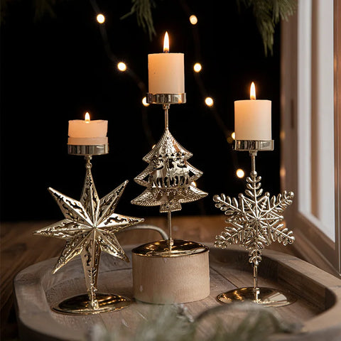 🎄 Porta-Velas Natalinos em Metal Dourado – Rena ou Floco de Neve