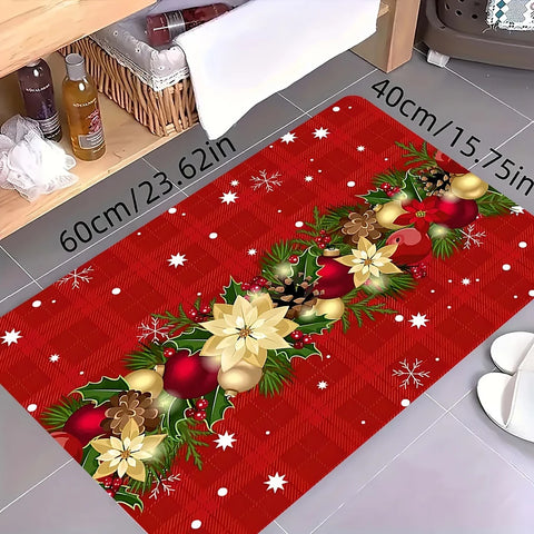 🎅 Tapete Natalino de Feltro – Estampa de Azevinho e Folha | Vermelho Festivo para Cozinha e Sala (2 tamanhos)