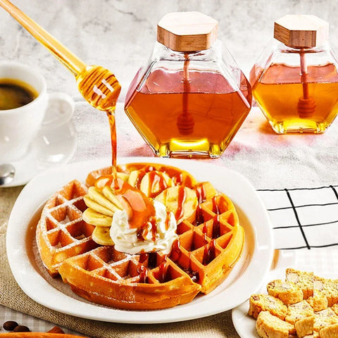 Pote Hexagonal de Vidro para Mel com Bastão de Madeira