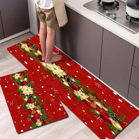 🎅 Tapete Natalino de Feltro – Estampa de Azevinho e Folha | Vermelho Festivo para Cozinha e Sala (2 tamanhos)